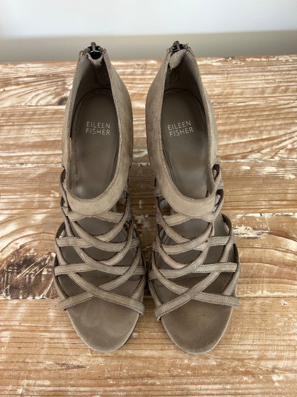 Eileen Fisher Taupe Leather Cage Lattice Wedges Sz 9